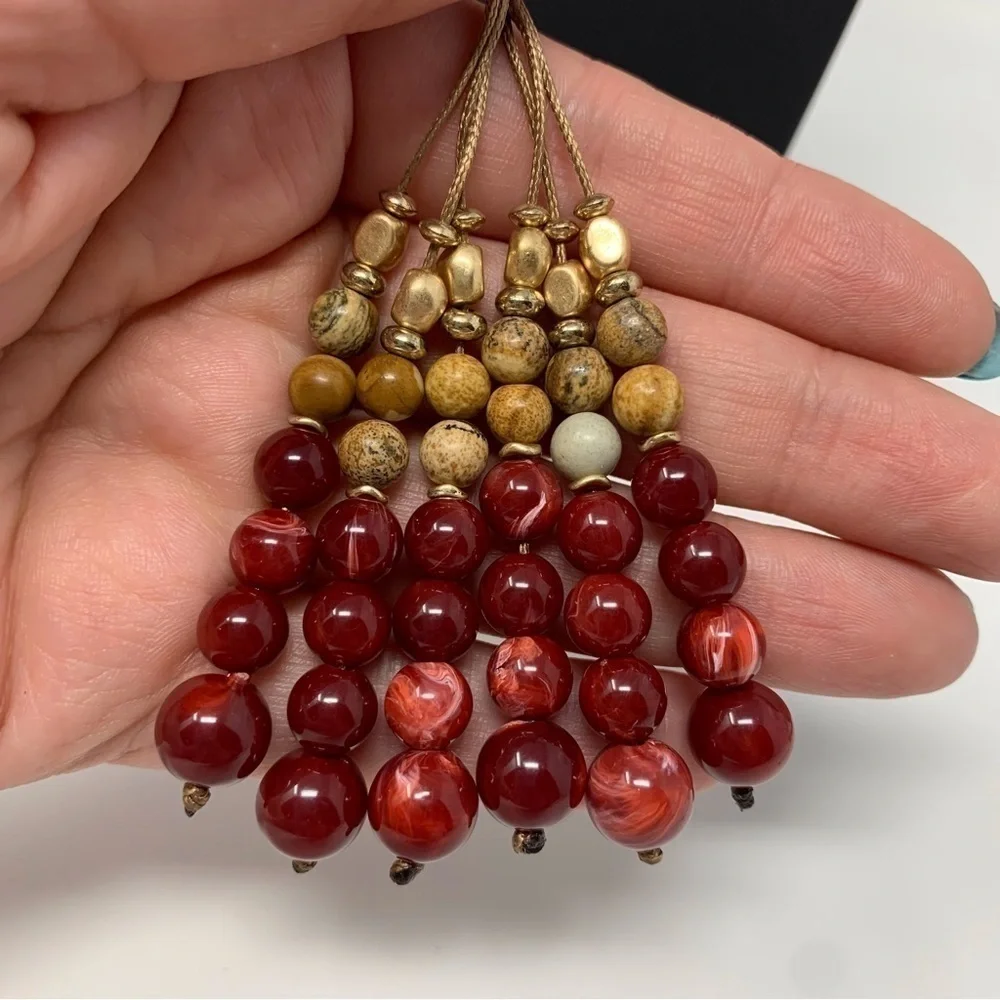 Boho Red and Brown Beaded Tassel Long Necklace